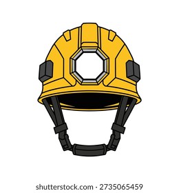 A detailed vector illustration of a modern yellow hard hat with an integrated LED headlamp and chin strap. Professional protective equipment for mining, construction, and industrial work.
