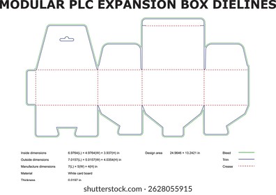 Detailed vector illustration of modular plc expansion box die lines with dimensions provided