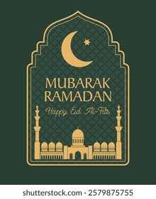 Detailed vector illustration of a mosque with Islamic patterns and text, perfect for Ramadan or Eid-themed decor and greetings.