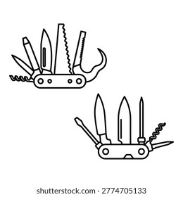 A detailed vector illustration of a multi-tool Swiss Army knife with various functions including blades, scissors, and other useful tools for everyday tasks.