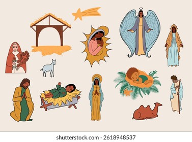 A detailed vector illustration of the Nativity scene, featuring Mary, Joseph, baby Jesus, angels, wise men, and shepherds, perfect for Christmas and religious artwork.