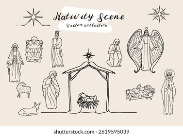 A detailed vector illustration of the Nativity scene, featuring Mary, Joseph, baby Jesus, angels, wise men, and shepherds, perfect for Christmas and religious artwork.
