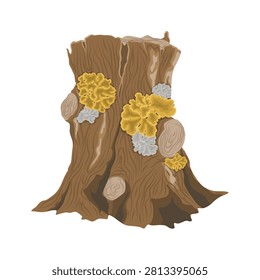 Detailed vector illustration of an old brown tree stump overgrown with yellow lichen and forest moss, isolated on a white background for commercial eco design, botanical layouts, and nature wallpaper.