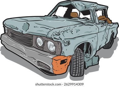 Detailed vector illustration of an old car badly damaged in an accident. Suitable for themes of automotive damage, traffic accidents, and insurance.