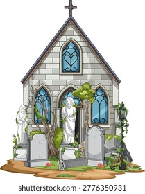 Detailed vector illustration of old chapel and gravestones with vines, statues, and subtle lighting