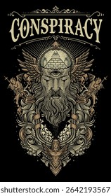 A detailed vector illustration on the theme of conspiracy, featuring a bearded face with a third eye, pyramid, wings, and ornate elements.