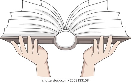 A detailed vector illustration of an open book being held by two hands, representing knowledge, education, and the pursuit of learning.