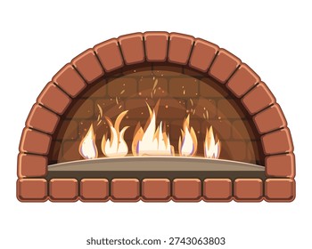 Detailed vector illustration of an open fire blazing inside stove opening. The stove mouth is lined with classic red brick. Flames are depicted with natural, bright flashes and flying sparks. Ilustration is realistically styled and isolated on white background. Suitable for fireplace design, interiors, and advertising materials promoting home comfort and warmth.