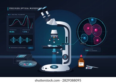 Detailed vector illustration of an optical microscope with specimen slides, laboratory equipment, scientific graphs, and cellular analysis graphics