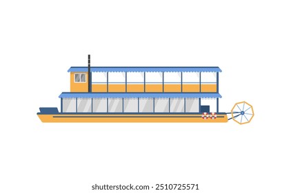 Detailed vector illustration of a paddle steamer with blue and yellow color scheme.