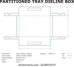 Detailed vector illustration of a partitioned tray box dieline layout with dimensions