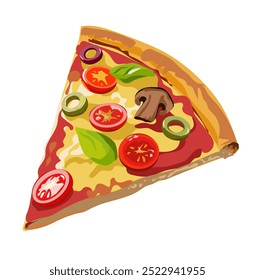 Uma ilustração vetorial detalhada de uma fatia de pizza com queijo derretido, cogumelos e coberturas vibrantes, perfeito para projetos e marcas relacionadas a alimentos.