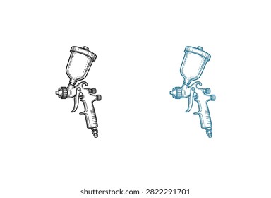 A detailed vector illustration of a pneumatic paint spray gun used for automotive refinishing and industrial coating applications shown in two color variations.