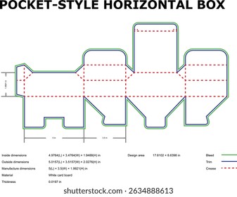 Detailed vector illustration of a pocket style horizontal box with measurements and dimensions for packaging design.