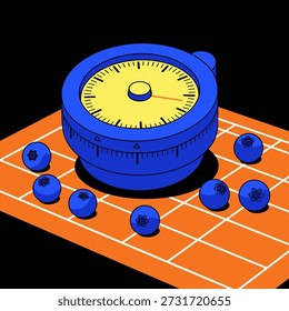 Una Ilustración vectorial detallada de una brújula de precisión colocada sobre un fondo de cuadrícula naranja, rodeada de esferas azules.