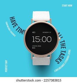 Detailed vector illustration of a premium smart watch in a gold frame with a white strap. Graphic design template eps