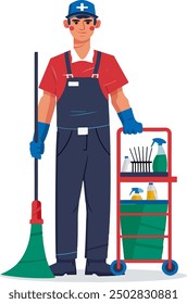 Detailed vector illustration of a professional janitor with cleaning tools and equipment. Perfect for service industry projects, cleaning company promotions, and occupational designs.