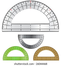 Detailed vector illustration of protractors used in drafting and engineering.