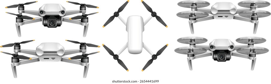 Ilustração vetorial detalhada de quadricópteros em vários ângulos, apresentando design elegante e tecnologia avançada com um estilo limpo e minimalista