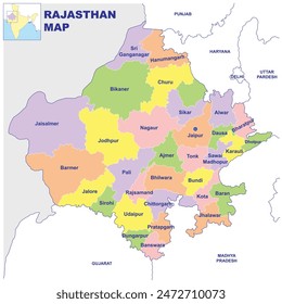 Detailed vector Illustration of Rajasthan  map District map with neighbour