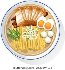 Detailed vector illustration of a ramen bowl with noodles, eggs, pork, and vegetables. Vibrant colors and top-down composition