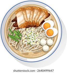 Detailed vector illustration of a ramen bowl with noodles, eggs, pork, and vegetables. Clean lines and vibrant colors enhance the composition