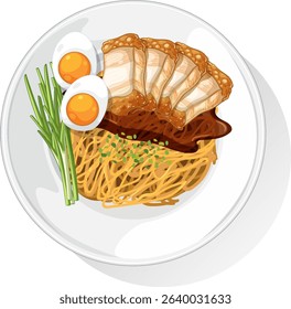Detailed vector illustration of a ramen dish with eggs, pork, and noodles on a white plate