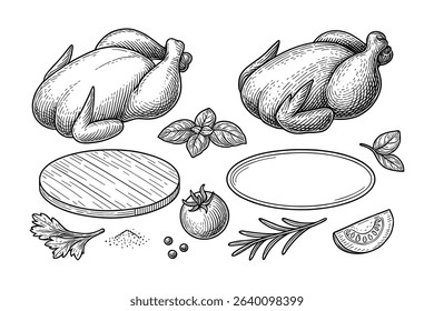 Detailed Vector Illustration of Raw Chicken with Herbs and Plates Line Art Style