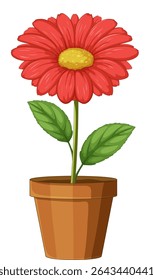 A detailed vector illustration of a red flower with green leaves in a terracotta pot, featuring vibrant colors and clean lines