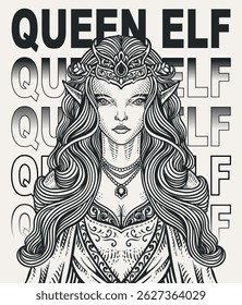 Ilustração vetorial detalhada de uma rainha do elfo real com uma coroa, cabelo fluente, joias e um fundo branco.