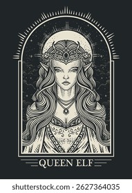Ilustração vetorial detalhada de uma rainha do elfo real com uma coroa, cabelo fluindo, joias e um fundo celeste.