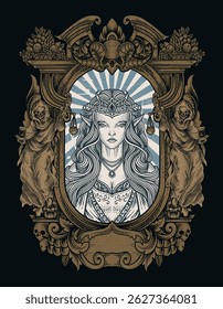 Detailed vector illustration of a regal elf queen with a crown, flowing hair, jewelry, and engraving ornament frame.