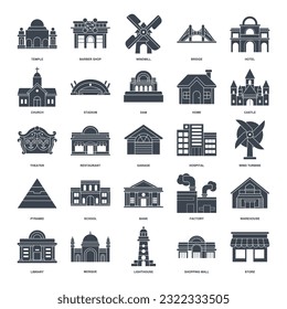 A detailed vector illustration representing diverse building types: home, factory, school, mosque, hospital, and more. Each icon clearly depicts its respective structure