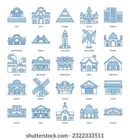 A detailed vector illustration representing diverse building types: home, factory, school, mosque, hospital, and more. Each icon clearly depicts its respective structure