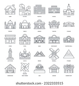A detailed vector illustration representing diverse building types: home, factory, school, mosque, hospital, and more. Each icon clearly depicts its respective structure