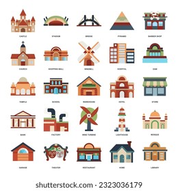 A detailed vector illustration representing diverse building types: home, factory, school, mosque, hospital, and more. Each icon clearly depicts its respective structure