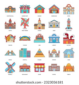 A detailed vector illustration representing diverse building types: home, factory, school, mosque, hospital, and more. Each icon clearly depicts its respective structure