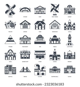 A detailed vector illustration representing diverse building types: home, factory, school, mosque, hospital, and more. Each icon clearly depicts its respective structure