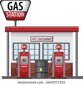 Ilustração vetorial detalhada de um posto de gasolina retro com bombas e sinalização. Linhas limpas e cores em negrito melhoram a estética vintage