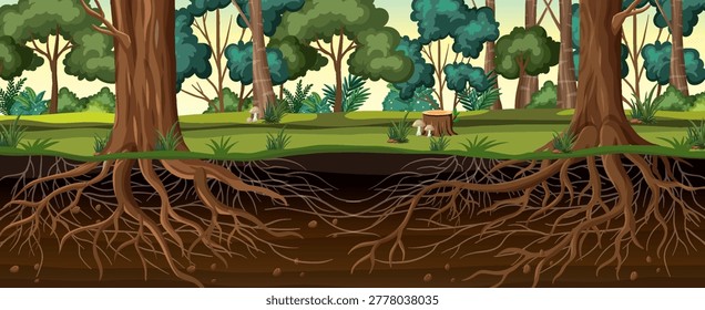 Detailed vector illustration reveals complex tree root systems beneath a lush green forest floor