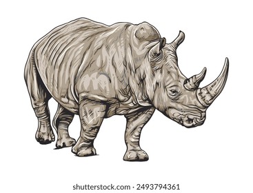 Detailed vector illustration of a rhinoceros, featuring two prominent horns on its snout, set against a white background.