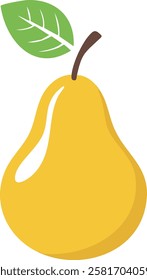 A detailed vector illustration of a ripe green pear with a stem and a single leaf. Its smooth, glossy skin reflects light, giving it a fresh and appetizing look. This image is ideal for representing n