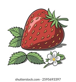A detailed vector illustration of a ripe red strawberry with green leaves and a white flower. Perfect for food, fruit, organic, and nature-related designs.