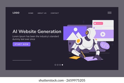 Detailed vector illustration of a robot creating a website design. The scene features an AI robot in a digital environment, illustrating modern technology and innovation in web development.