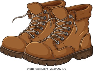 Ilustración vectorial detallada de robustas botas de senderismo de cuero marrón con cordones y sombras realistas