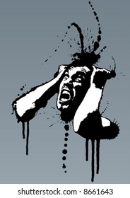 Detailed vector illustration of a screaming man pulling his hair out out of madness. Grunge style with ink splatters.