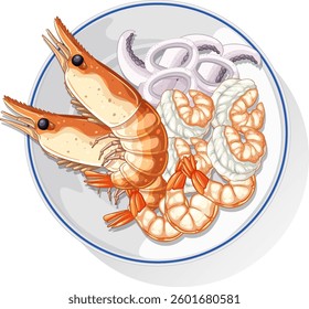 Detailed vector illustration of a seafood dish with shrimp and squid rings on a white plate