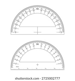 Ilustración vectorial detallada de una herramienta de medición de transportador semicircular con escala de grado y marcas de Regla, adecuada para materiales de geometría, matemáticas y educación técnica