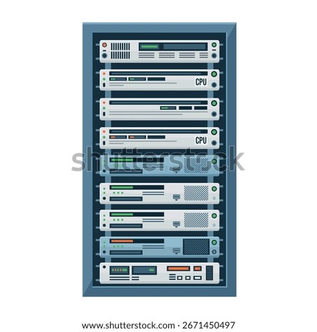 A detailed vector illustration of a server rack full of CPU units, representing a modern data center and computing technology on a white background.