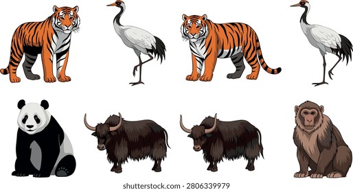 Detailed vector illustration set of Asian wildlife animals featuring bengal tiger red-crowned crane giant panda tibetan yak and macaque monkey.